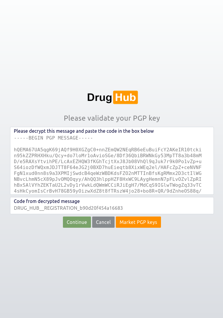 Step 4: Decrypt the PGP authentication message for DrugHub Market
